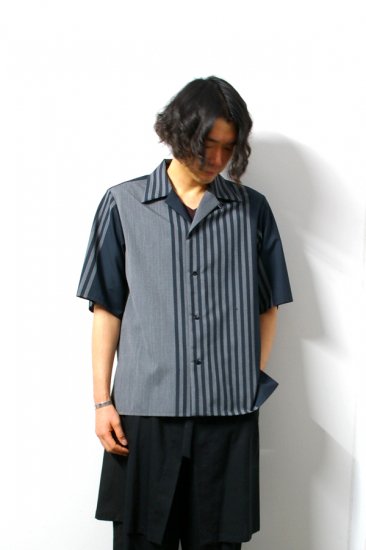 ETHOSENS(エトセンス)/Panel stripe SS shirt/Green × Charcoal Gray 