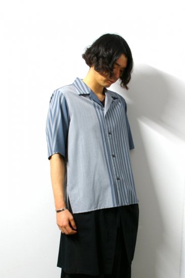 ETHOSENS(エトセンス)/Panel stripe SS shirt/Saxe Blue × Light Gray