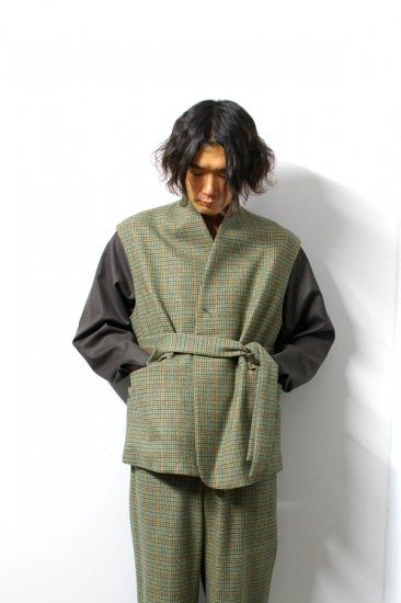 URU(ウル)/WOOL CHECK BELTED VEST/Green 通販 取り扱い-CONCRETE RIVER