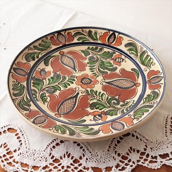 【美品】絵皿　陶器　手描き　ヨーロッパ　置物　インテリア　工芸品　A2862 ハンガリー 大きな民芸の器/絵皿 リーフフラワー - tekuteku東欧雑貨店