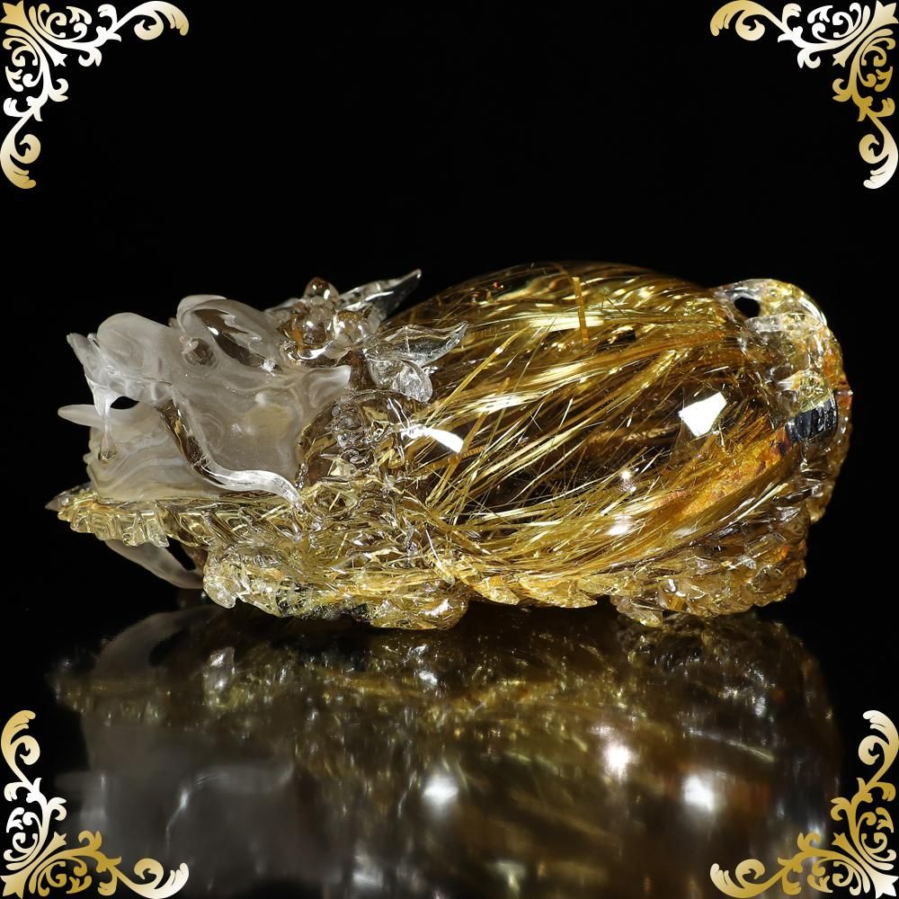 プレミアムタイチンルチルクォーツ 龍亀(ロングイ) 彫り物/置物(縦80.2