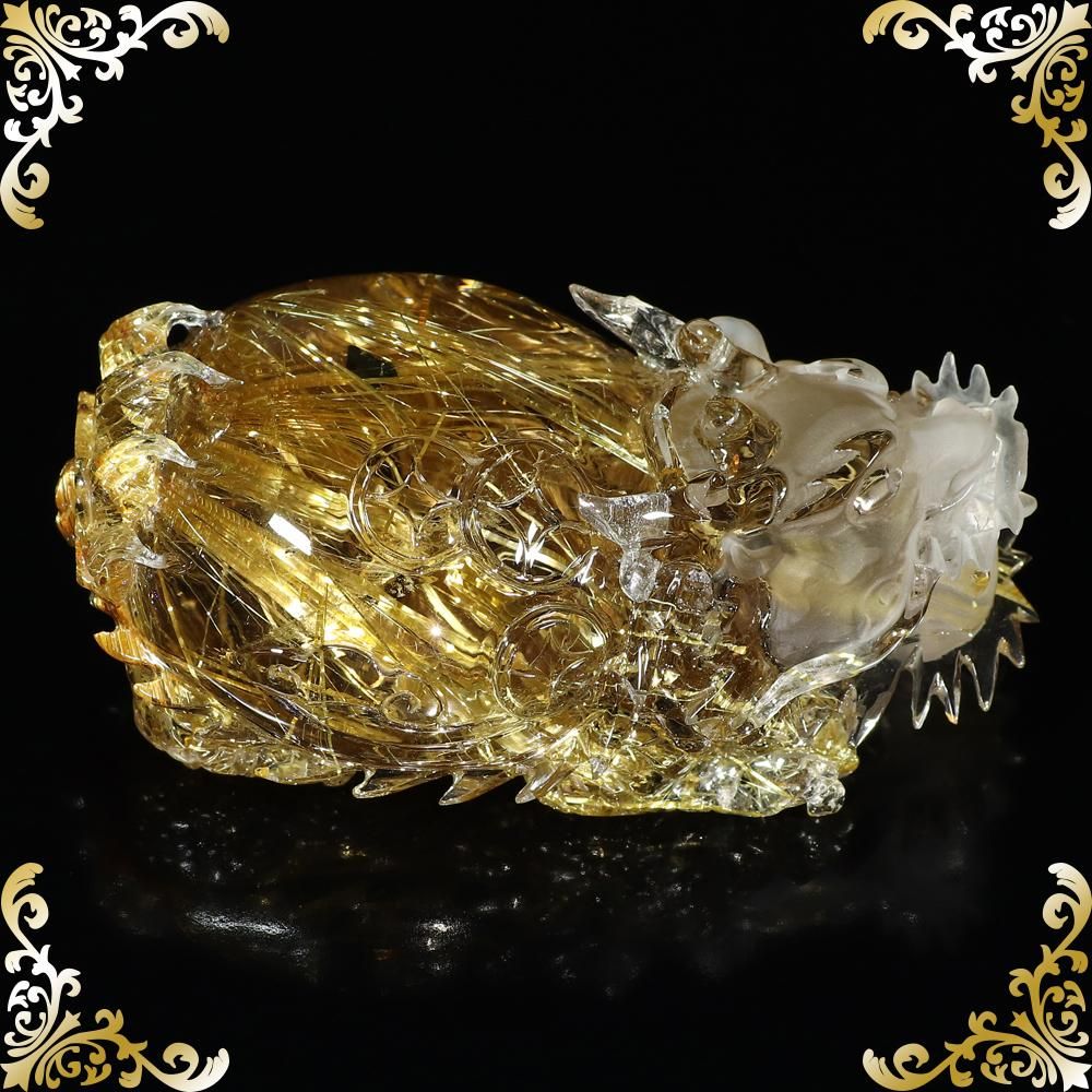 プレミアムタイチンルチルクォーツ 龍亀(ロングイ) 彫り物/置物