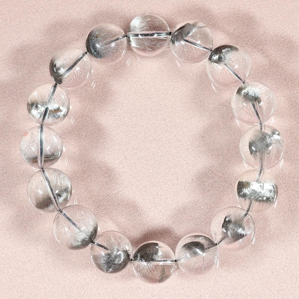 高品質★レア★プラチナルチルクォーツ　ブレスレット　約12.5mm　17玉　白銀 高品質/板状に大きく結晶した白銀プラチナルチル】プラチナ