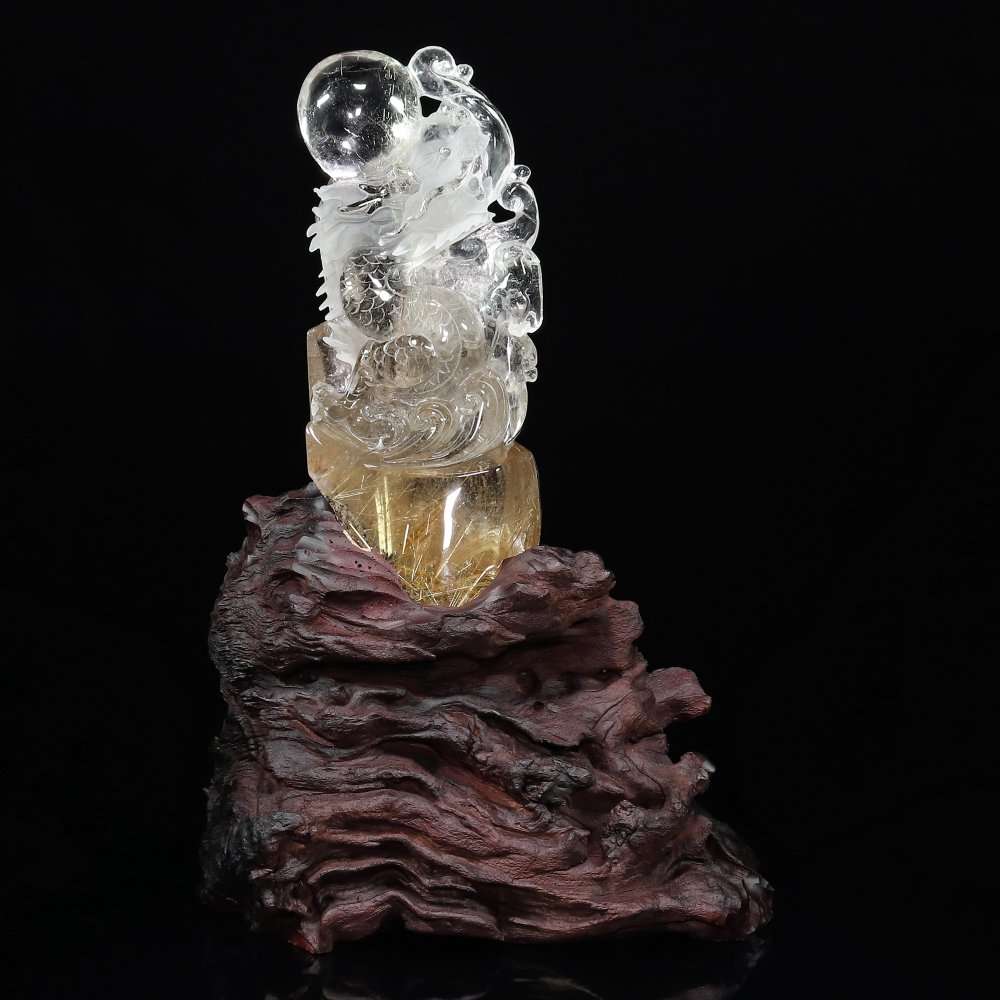 ブラックルチルクォーツ共生の水晶のドラゴン 龍 置物 彫物NO.010401