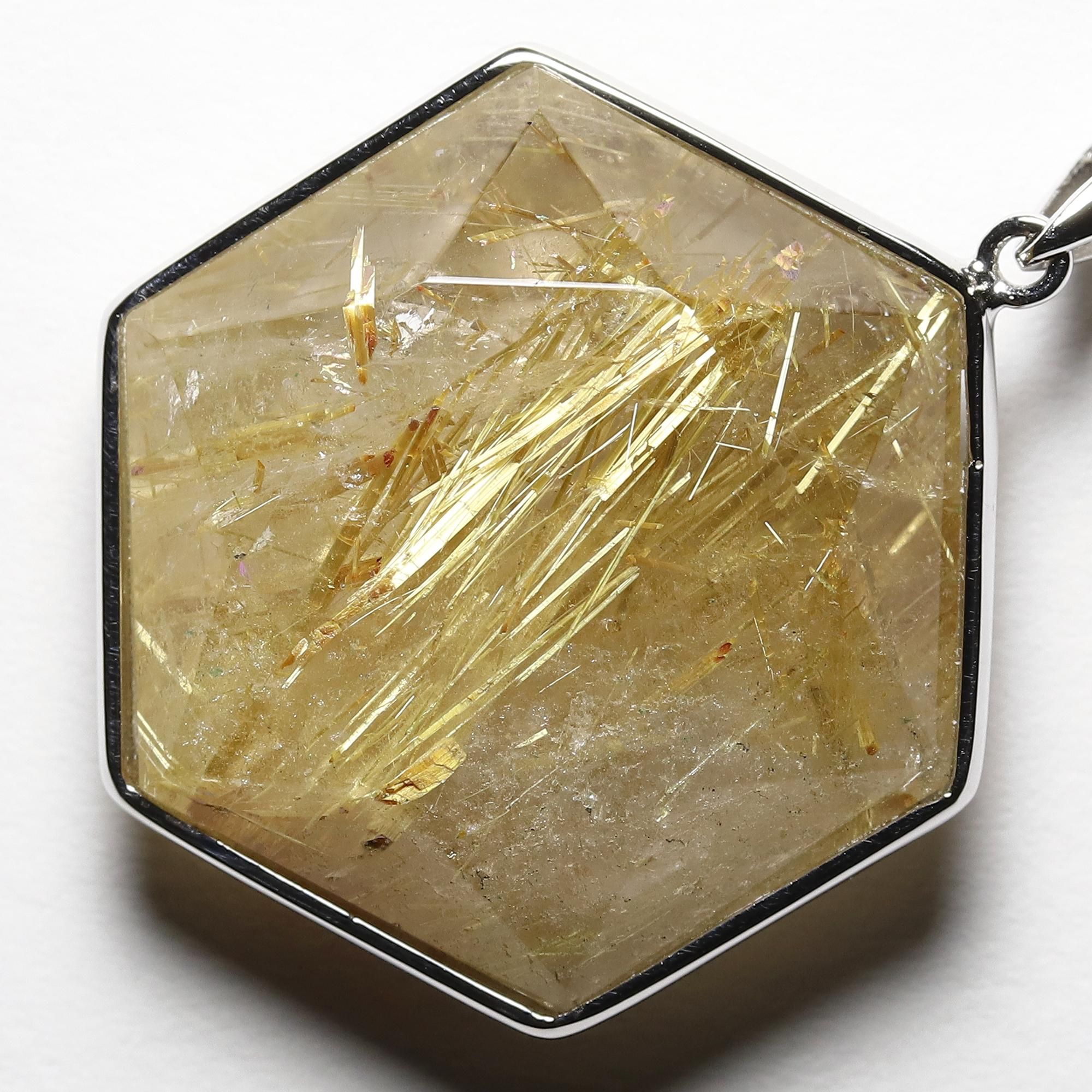 ゴールドルチルクォーツ 両面ヘキサグラム(六芒星) カット シルバー925