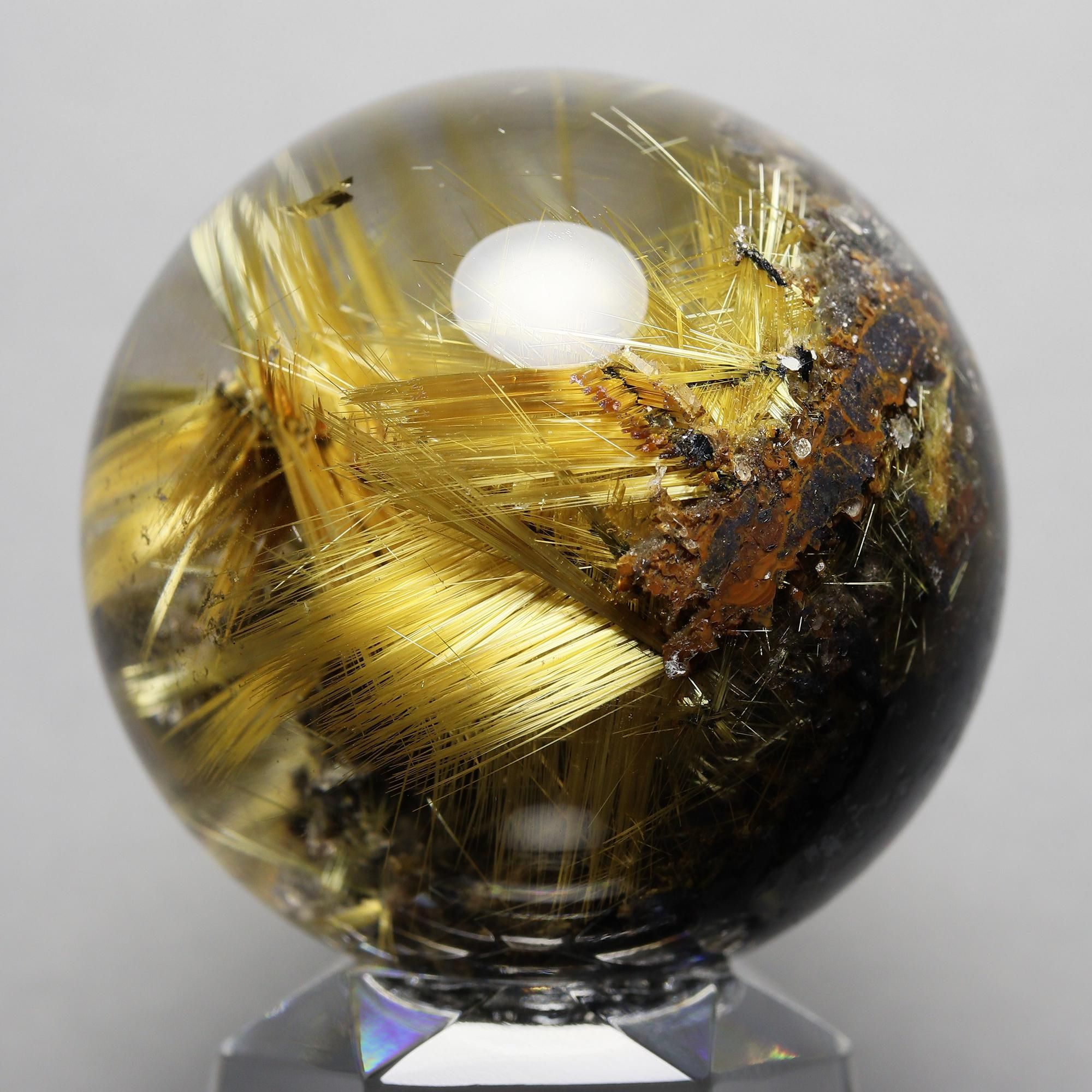 展示品クラス　太陽放射タイチンルチルクォーツ ポリッシュポイント 磨き石　置物 プレミアム スター太陽放射タイチンルチルクォーツ Φ37.3mm玉 スフィア