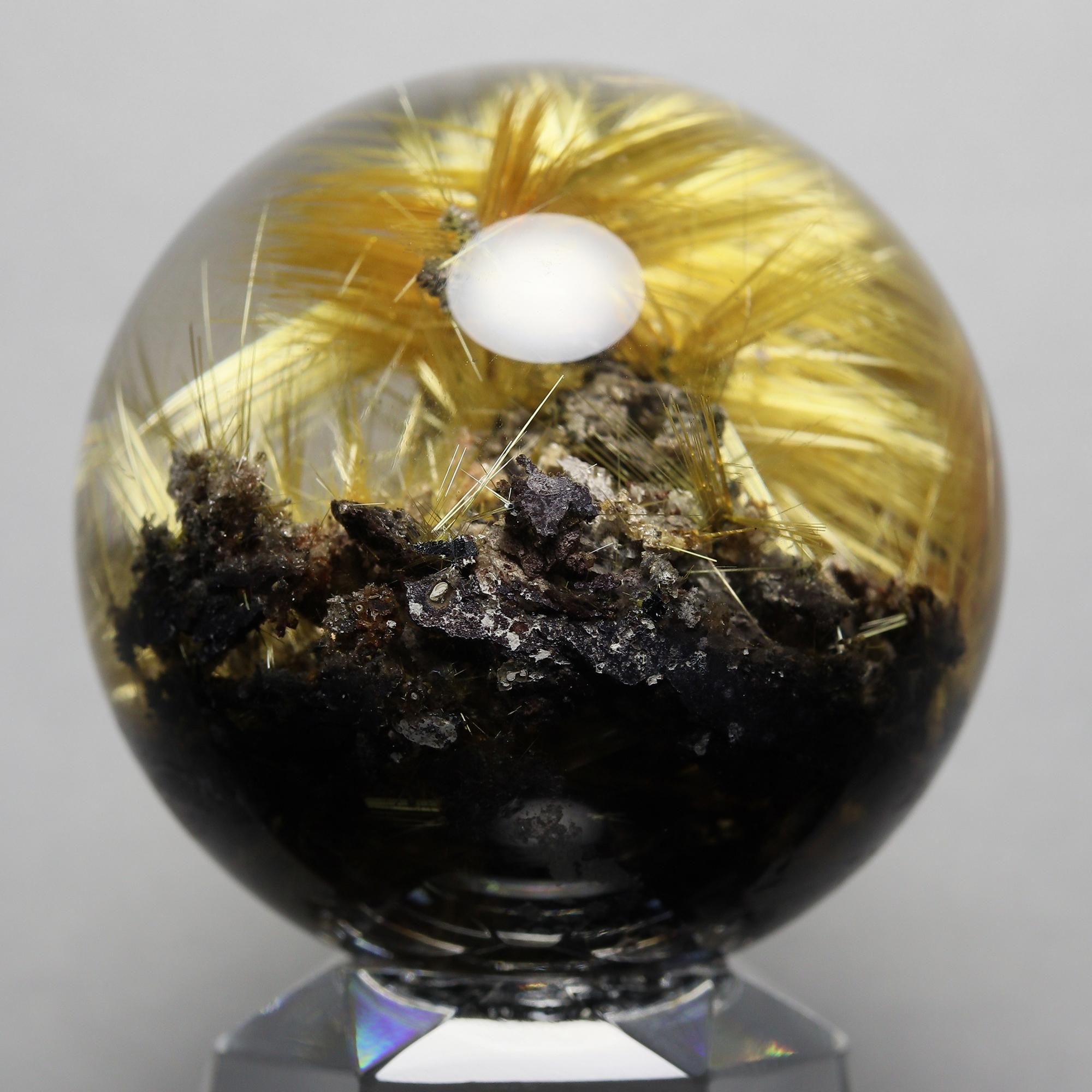 展示品クラス　太陽放射タイチンルチルクォーツ ポリッシュポイント 磨き石　置物 プレミアム スター太陽放射タイチンルチルクォーツ Φ37.3mm玉 スフィア