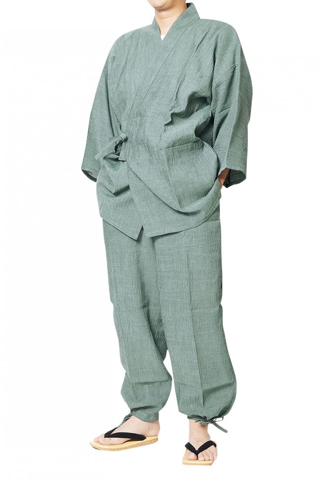 日本製-本麻作務衣（さむえ）-近江ちぢみ麻100％（黒・紺・グレイ・緑） - 作務衣の通販,販売なら専門店職人の技ひめか