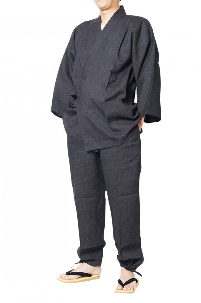 日本製-本麻作務衣（さむえ）-近江ちぢみ麻100％（黒・紺・グレイ