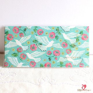【メモ帳】Tomoko Hayashi スモールレターパッド 鳥たちの歌 / エメラルドグリーンに白い鳥とピンクの花