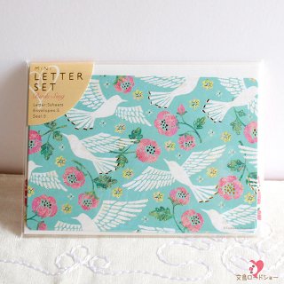 【小さめレターセット】Tomoko Hayashi ミニレターセット 鳥たちの歌 / エメラルドグリーンに白い鳥とピンクの花