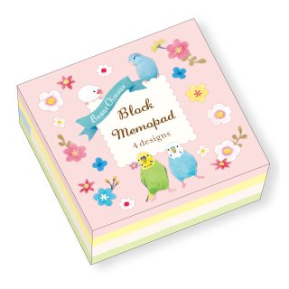 【生産終了・ラス1!】「ブロックメモパッド / Beaux Oiseaux / 小鳥とお花」」セキセイ・マメルリハetcの4柄入りメモ帳 / オリエンタルベリー＊ピンク表紙