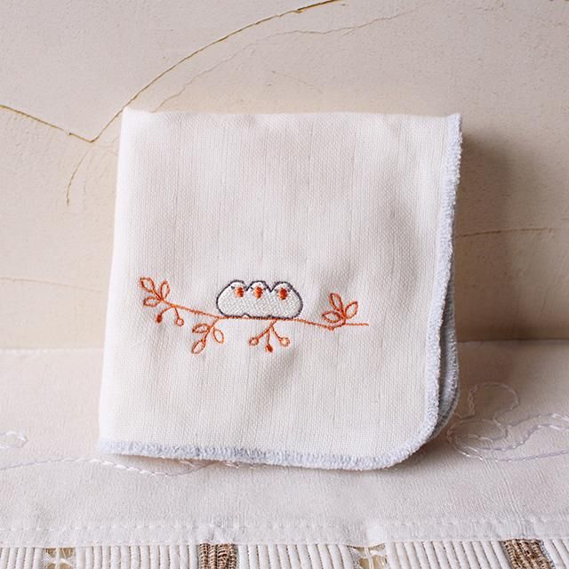 モール糸タオルハンカチ / おしくら文鳥 / 刺繍」濱文様 / ガーゼ 