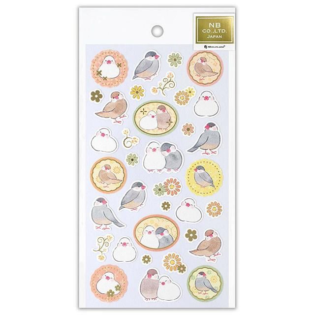 和風シール大 / 優ふみ / 文鳥」白文鳥＆桜文鳥と小花のシール