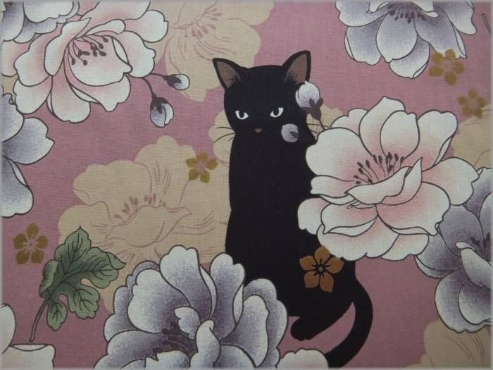 シーチング 生地 和調花柄 黒猫 コットン Smokey Pink 11i 生地通販 マーブルマーケット