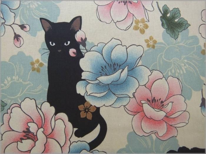 シーチング 生地 和調花柄 黒猫 コットン Beige 11a 生地通販 マーブルマーケット シーチング 生地 和調花柄 黒猫 コットン Beige 11a 生地通販 マーブルマーケット