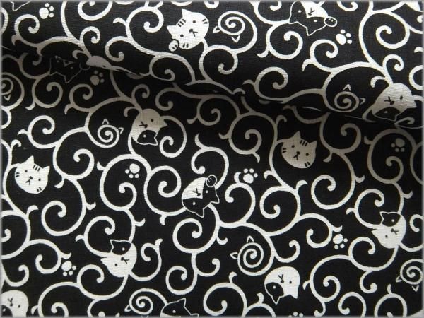 ドビー 生地 和柄 猫ネコ 唐草 コットン 黒 Black 1e 生地通販 マーブルマーケット ドビー 生地 和柄 猫ネコ 唐草 コットン 黒 Black 1e 生地通販 マーブルマーケット