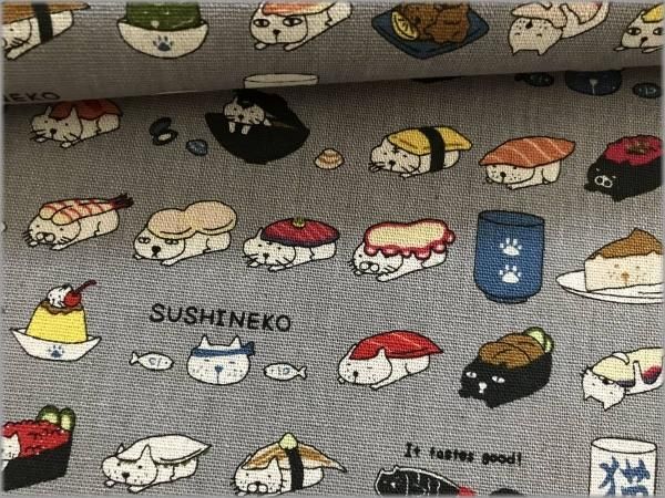 綿麻キャンバス 生地 猫お寿司柄 Gray 1b 生地通販 マーブルマーケット 綿麻キャンバス 生地 猫お寿司柄 Gray 1b 生地通販 マーブルマーケット