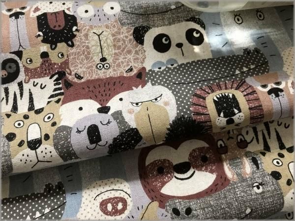 綿麻キャンバス 生地】どうぶつ*動物*いっぱい*TUMETUME*sepia*2D 