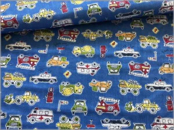 ダブルガーゼ 生地 はたらく車 Blue 1e 生地通販 マーブルマーケット ダブルガーゼ 生地 はたらく車 Blue 1e 生地通販 マーブルマーケット