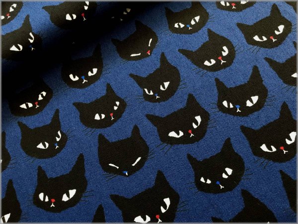 オックス 生地】黒猫*ネコフェイス*navy*1F - 生地通販 マーブルマーケット