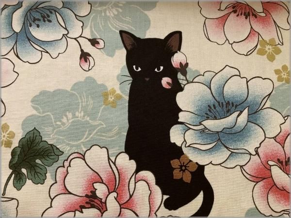 シーチング 生地 黒猫 和モダン 花柄 Quilt Gate Beige 11a 生地通販 マーブルマーケット