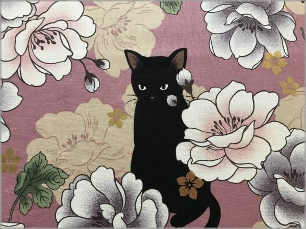 シーチング 生地 黒猫 和モダン 花柄 Quilt Gate Pink 11i 生地通販 マーブルマーケット