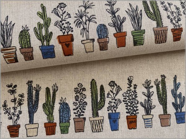 綿麻キャンバス 生地 サボテン 観葉植物 くすみ色 Linen 7a 生地通販 マーブルマーケット