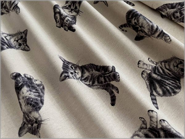 綿麻キャンバス 生地】 おおきな*猫*ネコ*linen gray*1B - 生地通販 マーブルマーケット