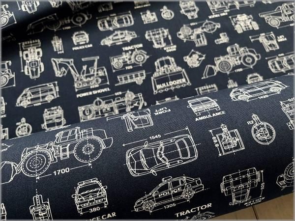 オックス 生地】はたらく車*設計図*入園入学*navy*46C - 生地