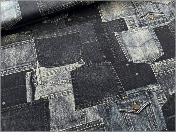 オックス 生地】デニム転写風*パッチ柄*コットン*navy*1A - 生地通販 マーブルマーケット
