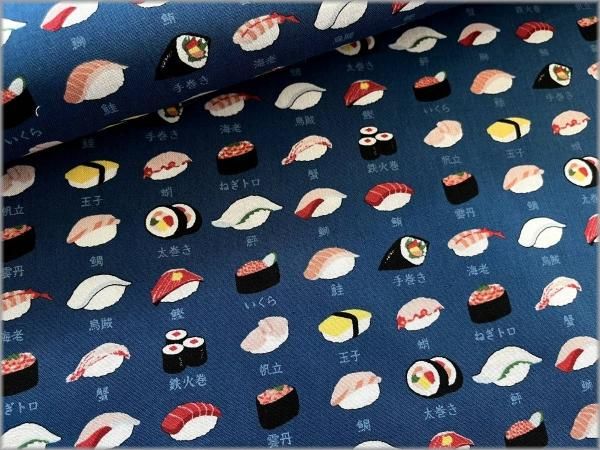シーチング 生地】 お寿司*鮨*和柄*コットン*blue*4E - 生地通販