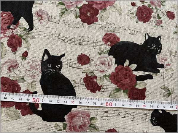 綿麻キャンバス 生地】黒猫 ねこ ローズ 薔薇 五線譜 linen red 70A