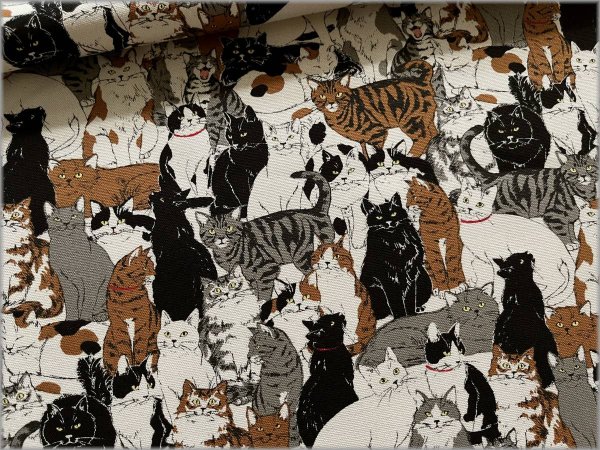 【オックス 生地】ネコ 猫 陳列 ねこ いっぱい 生成り 1A - 生地通販 マーブルマーケット　
