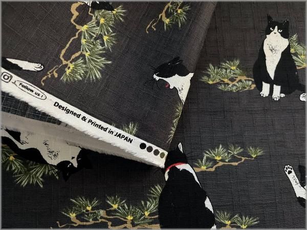 ドビー 生地】 サザンクロス 和柄 ハチワレネコ 猫 ねこ 松 charcoal