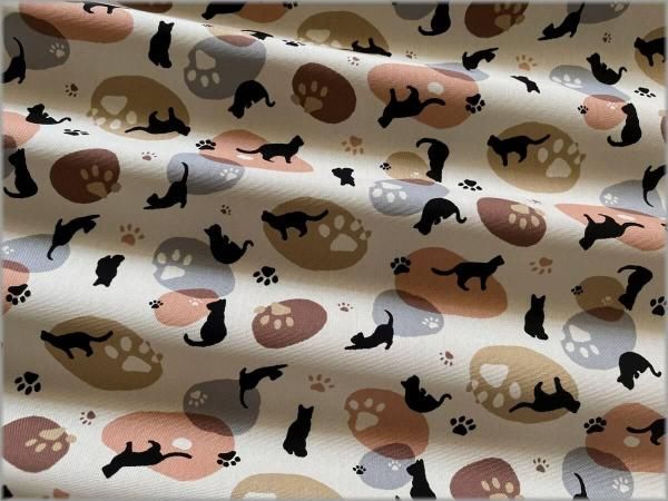 オックス 生地】 黒猫 シルエット 肉球 コットン ねこ grege pink 16B