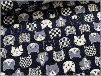 【スケア 生地】和柄 ネコ 猫 フェイス 顔 コットン 紺 29D