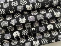 【スケア 生地】和柄 ネコ 猫 フェイス 顔 コットン 黒 29E