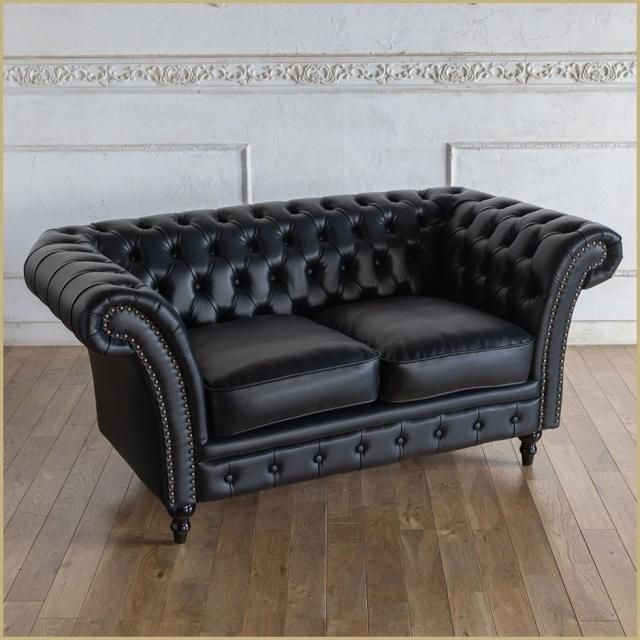 Vincent)ヴィンセント 2人掛け ブラックPUレザー(合皮)