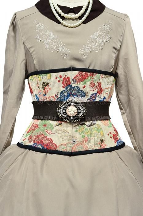 青い花柄コルセット ゴブランコルセット20インチ （和柄・ベージュ） - designbucker