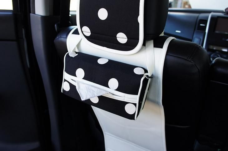 BOXティッシュカバー  車用 ハンドメイド かわいい車用ティッシュボックスカバー・水玉ブラック＆ホワイト