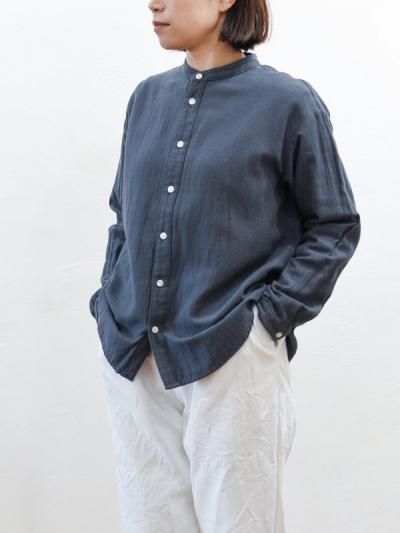 綿麻バックサテンスタンドカラーギャザーブラウス/ ミントグレー 綿麻バックサテンスタンドカラーギャザーブラウス/ ミントグレー
