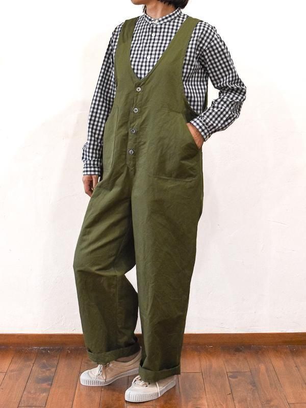 コットンリネンカルゼオーバーオール/ベージュ・カーキ