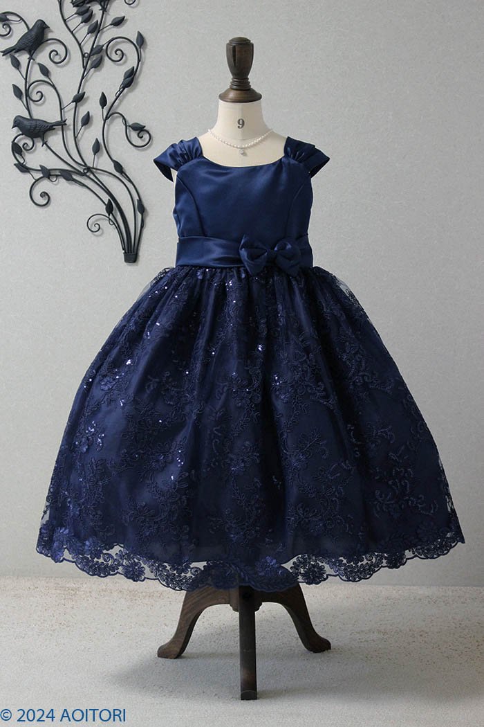 子供ドレス　ピアノ発表会ドレス　15-155(150cm)ネイビーブルー【青い鳥】のfrontの画像