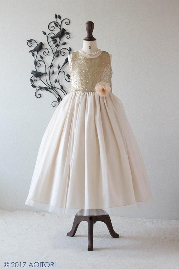 ドレス130㎝　シャンパンゴールド　青い鳥 楽天市場】カラードレス お呼ばれ 豪華 ウェディングドレス