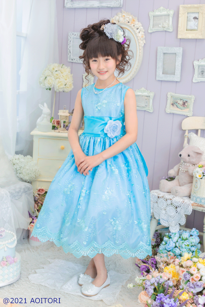 子供ドレス ピアノ発表会ドレス 15-222(130cm)ターコイズブルー【青い鳥】