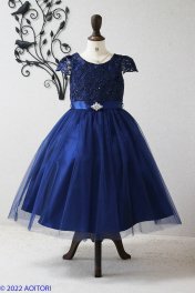 子供ドレス　ピアノ発表会ドレス　13-404(140cm)ネイビーブルー【青い鳥】