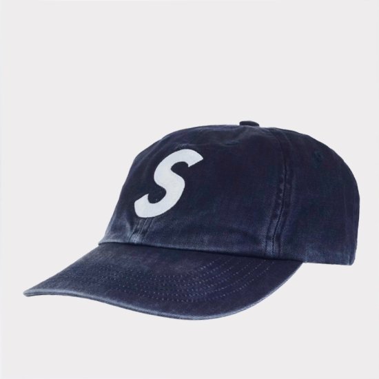 supreme Sロゴ　デニムキャップ　ウォッシュ加工　6パネル　ブラック　帽子
