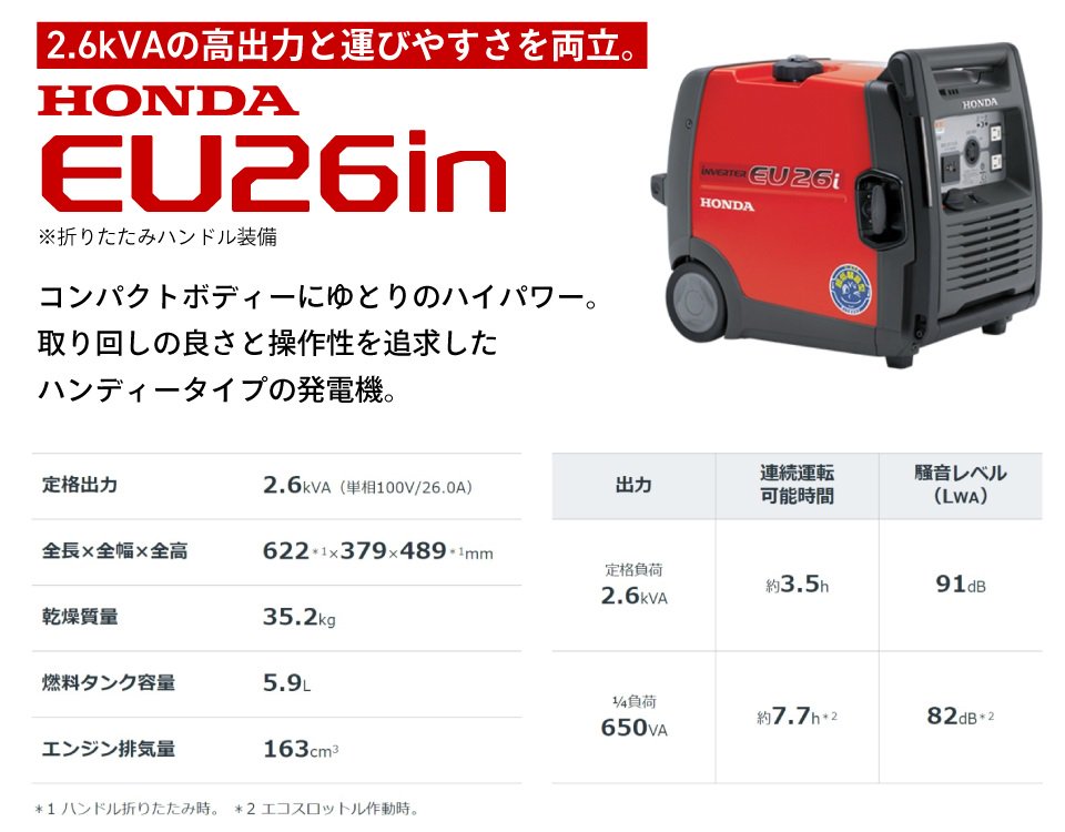 HONDA正弦波インバーター搭載発電機|EU26IN|2.6kVA|交流・直流|ホンダ 低騒音 ガソリン 周波数切り換え