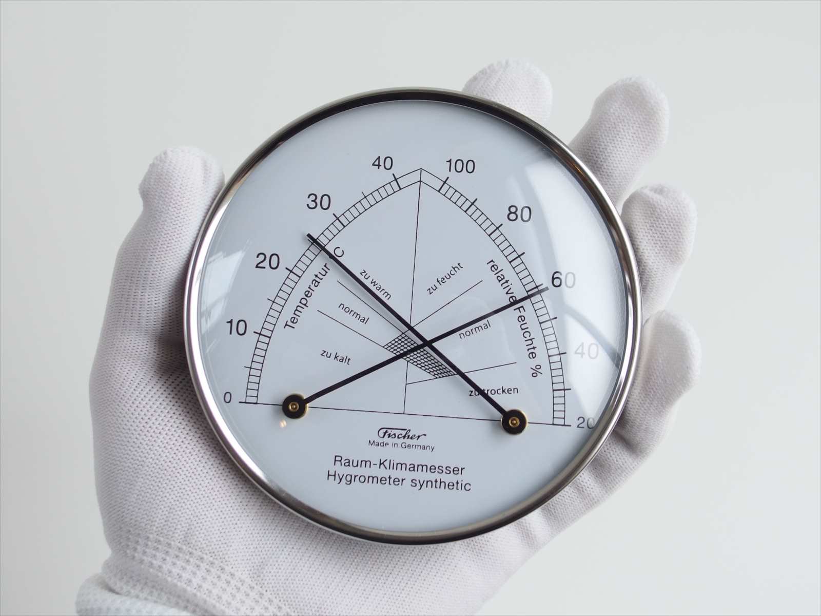 人気ショップ 142.01 コンフォートメーター Fischer-barometer Comfortmeter 温度計 湿度計 温湿度計 直径10cm  アナログ シルバー ドイツ製